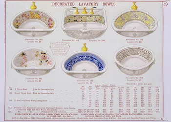 Dekorerede toiletskåle fra et katalog over sanitetsartikler produceret af Morrison, Ingram & Co., Manchester, udgivet ca. 1890